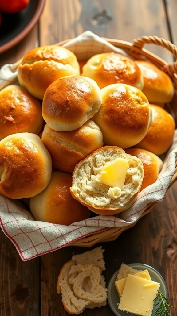 A basket of golden brown fluffy dinner rolls brushed with butter, on a wooden table with a dish of butter.